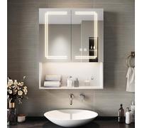 Sirhona - Armario de baño con iluminación LED y tomas de corriente, interruptores de control táctil, regulable, con almacenamiento y estantes de cristal ajustables, 60 x 75 x 13 cm
