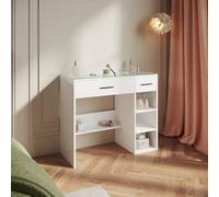 SIRHONA Cómoda de Maquillaje Contemporánea de Madera Blanca, 90x40x77cm, con Vidrio Transparente, 2 Cajones y Estantería, Mesa de Maquillaje sin Espejo