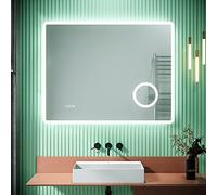 Sirhona - Espejo LED para cuarto de baño, 90 x 70 cm, espejo luminoso con antiniebla, 3 lupa, pantalla de hora, toma para afeitar