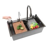 SIRHONA Fregadero de Cocina con Cascada, Fregadero Multifunción 1 Bandeja de Acero Inoxidable 80x45 cm, Grifo Retractable, Con Pantalla de Temperatura, Negro