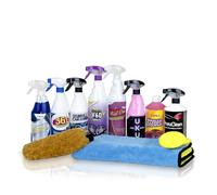 Sisbrill Kit de Limpieza y Detallado Premium - Kit Limpieza Coche Completo con Champú, Limpiallantas, Descontaminante, Cera Rápida, Limpiacristales, 361, Guante de Lavado y Toalla de Secado