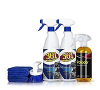 Sisbrill Kit Tapicerías. Limpia y desodoriza Sofas de Coche, Alfombrillas, Textil. 2x750 ml de 361 + 1x500 ml de Poliodor + 1 Cepillo Profesional + 2 microfibras.