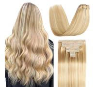 Sisily Extensiones de cabello humano real con clip, 14 pulgadas, 120 g, rubio sucio a rubio decolorado, extensiones de cabello humano Remy, suaves y lacias, 7 unidades por juego, con 16 clips de doble