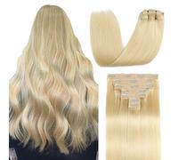 Sisily Extensiones de cabello humano real con clip, 22 pulgadas, 120 g, rubio decolorado, 100 % cabello humano Remy brasileño, extensiones suaves y lacias, 7 unidades por juego, con 16 clips de doble