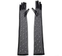 SiSinkal Elegantes guantes largos de perlas de malla transparente para mujer, para novia, boda, ópera, fiesta de noche, color blanco (negro)