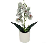 SiSinkal Orquídea artificial Phalaenopsis en maceta para decoración del hogar, escritorio, oficina, maceta blanca de plástico suave, 12.2 x 6.7 pulgadas, para dormitorio, balcón (verde)