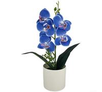SiSinkal Orquídea artificial Phalaenopsis en maceta para decoración del hogar, escritorio, oficina, maceta blanca de plástico suave, 12.2 x 6.7 pulgadas para dormitorio, balcón (azul)