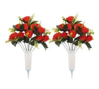 SiSinkal Paquete de 2 flores artificiales resistentes a los rayos UV con jarrones de inserción en el suelo, decoración de tumba de seda resistente a la intemperie para conmemoración, azul (rojo)