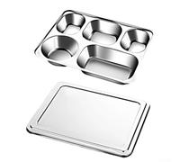 SiSinkal Platos divididos de acero inoxidable con tapa, plato para servir alimentos con compartimentos, apilables y aptos para lavavajillas para preparar comidas en casa, camping o picnic (B)
