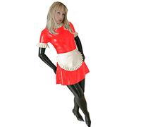 Sissy Cosplay Anime Clubwear Long Puff Sleeve Dress Wetlook Latex Servant Uniform Black And White Apron Sexy Lolita Maid Dresses,Red,XS