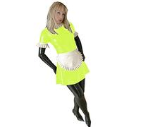 Sissy Cosplay Anime Clubwear Long Puff Sleeve Dress Wetlook Latex Servant Uniform Black And White Apron Sexy Lolita Maid Dresses,Fluorescence Green,XL