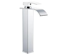 Sistaby Grifo mezclador alto para lavabo de baño, mezclador de cascada para encimera, grifo cuadrado alto, monobloc, acero inoxidable cromado con mangueras G1/2 pulgadas, mono 1 agujero