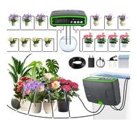 Sistema automático de riego para plantas de interior con bombas dobles, controles independientes y caudal ajustable para 20 macetas.