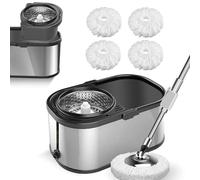 Sistema de Cubo de fregona de Ciclo Giratorio de Acero Inoxidable y Juego de fregona giratoria de 360° para Limpieza de Suelos con 6 Almohadillas de Repuesto de Microfibra, Mango Ajustable de Acero