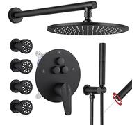 Sistema de ducha Cabezal de grifo Matte Black, Push Button Diverter Faucet con 2 en 1 Handheld, Monte de pared de 10 pulgadas con 4 PCS Modos Dual Body Jets (2 pulgadas) LWX