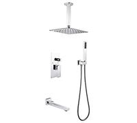 Sistema de ducha con caño for bañera cabezal lluvia cuadrado 10" juego combinado mano, grifo for instalación en el techo, cromado(Chrome)