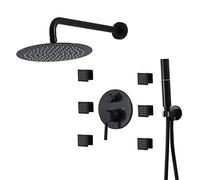 Sistema de Ducha de Cuerpo Completo Matt Black, 10 Pulgadas de Grifo de Ducha de Lluvia con 6 Aerosoles para el Cuerpo y Ducha Manual, Juego de Ducha de la batidora de Lluvia de 3 Funciones, B LWX