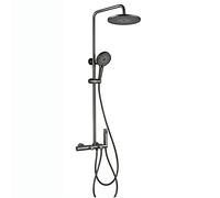 Sistema de ducha de lluvia con cabezal de ducha, juego de grifo termostático, combo de ducha de montaje en pared, ducha de mano con pulverizador de bidé y boquilla de bañera, acabado negro
