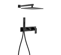Sistema de ducha de lluvia Matt Black, cabezal de ducha cuadrada con ducha de mano 2 en 1, juego de grifos de ducha montada en la pared, grifo de agua caliente y fría para el baño, 8 pulgadas LWX