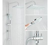 Sistema de ducha de montaje en pared con alcachofa plana y brazo orientable, barra de ducha de acero inoxidable cromado para baño moderno