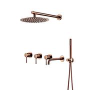 Sistema De Ducha De Oro Rosa, Cabezal De Ducha Tipo Lluvia De 8-12" Y Ducha De Mano De Latón, Juego De Grifería De Ducha De Pared Para Bañera Con Agua Caliente Y Fría, 10 Turs.