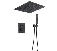 Sistema de ducha empotrable Mezclador termostático de ducha Cabezal de ducha negro y juego de manguera Kit de cabezal de ducha de techo cuadrado, Ducha de lluvia de latón -A, 12 pulgadas - Función d