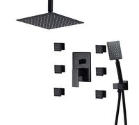 Sistema de ducha empotrada, Baño Grifo de ducha Hidromasaje Con 6Pcs Girar Jet de Masaje Techo Montaje 10" Cabezal de Ducha lluvia Con Ducha de mano y 1,5m Manguera de ducha Kit,Negro,Square