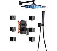 Sistema de Ducha Juego de grifos de Ducha Ocultos Juego de grifos mezcladores de Ducha Negros Mate con 6 rociadores para el Cuerpo con Ducha de Mano y Cabezal de Ducha Tipo Lluvia LED Tecnología