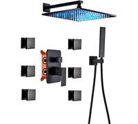 Sistema de Ducha Juego de grifos de Ducha Ocultos Juego de grifos mezcladores de Ducha Negros Mate con 6 rociadores para el Cuerpo con Ducha de Mano y Cabezal de Ducha Tipo Lluvia LED Tecnología