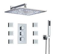 Sistema de ducha LED Juego grifo termostático Montado en la pared combinado lluvia cromada mezclador 3 vías con cabezal 12/16 pulgadas, mano, 6 * Chorros cuerpo, 16(16 Inch)