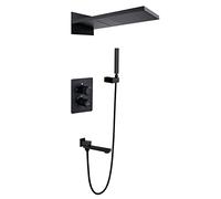 Sistema de ducha LED NEGRO Pantalla digital de ducha Juego de ducha montada en la pared Combo combinación de ducha de batalla con 2 funciones 560 × 230 mm cabezal de ducha, ducha de mano, pico de