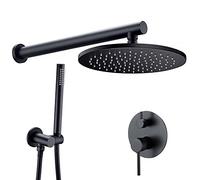 Sistema de Ducha, Mezclador de Agua de Lujo de latón Negro, Juego de grifos de Ducha multifunción de Doble asa montado en la Pared, con Cabezal de Ducha Redondo de Mano, 16 Pulgadas