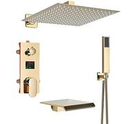 Sistema de Ducha Monte de la Pared Grifo de Ducha con Pantalla Digital LED Ducha de Lluvia Conjunto de bañera de Oro y Ribete de Ducha con Pico de bañera, pulverizador de Mano y Cabezal de Ducha de