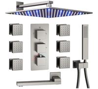 Sistema de ducha negro mate de 12 pulgadas, cabezal de ducha termostático montado en la pared con boquilla de bañera, grifo de 4 vías y 6 chorros de cuerpo, accesorios de ducha de mano para