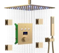 Sistema de Ducha Temperatura de Lluvia de la Cabeza Pantalla Digital Digital Termostático de Grifo de níquel Cepillado con Accesorios de Cuerpo con Techo de 12 Pulgadas y Casillas de Mano de 4 pcs