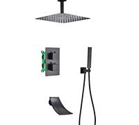 Sistema de ducha termostático con boquilla bañera en cascada, juego grifo negro montado el techo, sistema cabezal lluvia cuadrado mano, mezclador, combinado, 10 pulgadas(8 inches)
