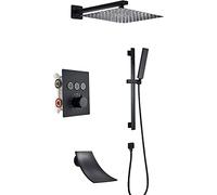 Sistema de ducha termostático con boquilla de bañera negra montado en la pared, diseño de alivio de presión de 12 pulgadas para un flujo de agua óptimo y comodidad
