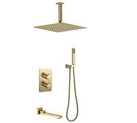 Sistema de ducha termostático montado en el techo dorado cepillado, juego de grifos mezcladores de lluvia de 10 a 12 pulgadas para una experiencia de baño lujosa, presión ajustable y diseño elegante