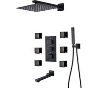 Sistema de ducha Termostático Termostático de grifo de ducha oculto Juego de pared montada en la pared Matte Negro Combo Combo Combo con 6 aerosoles de cuerpo con ducha de mano y cabezal de ducha de