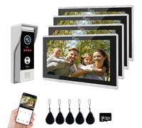 Sistema de intercomunicación con vídeo inteligente por cable para apartamentos,cámara de timbre 1080P con monitores de 10 pulgadas,desbloqueo 3 en 1,kits de interfono WiFi TUYA (1 Timbres + 4 Monitor)