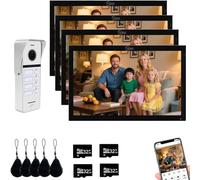 Sistema de Intercomunicación con Videoportero con Cable para Apartamentos, 4 unidades Familiares, Monitor táctil de 10 pulgadas, Desbloqueo 3 en 1, Intercomunicador Bidireccional (W+B)