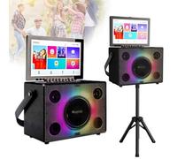 Sistema de karaoke profesional, tableta táctil de 14 pulgadas, portátil, Bluetooth, máquina de karaoke con 2 micrófonos inalámbricos, altavoz LED de color plegable con batería de litio de 10 Ah, disco