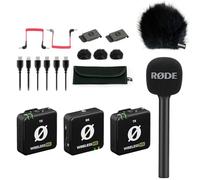 Sistema de micrófono inalámbrico dual Rode Wireless ME + adaptador de mano Interview GO + protector de viento de pelo BK de keepdrum