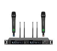 Sistema de micrófono inalámbrico UHF profesional, micrófono de metal de 2 canales, juego de 2 micrófonos inalámbricos de mano, escaneo automático, 2 x 100 frecuencias, hasta 350 pies para cantar