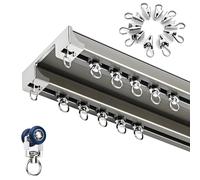 Sistema de riel de cortina doble de aluminio con clips, deslizamiento suave, sin ruido, para sala de estar, dormitorio, hotel, 490 cm, color champán, diseño de fácil instalación