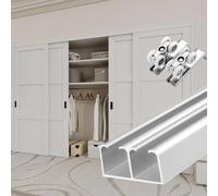 Sistema de riel para puerta corrediza de granero, herrajes de aluminio de doble puerta con rodillos para puertas de bolsillo, acabado champán (180 cm), uso comercial y doméstico