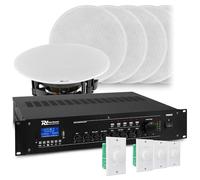 Sistema de Sonido 100V - Amplificador 240W, 8 Altavoces de Techo, Bluetooth, MP3 USB/SD, Controles de Volumen y Cable de 100m - Ideal para Oficina, Tienda y consultorio