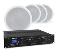 Sistema de Sonido 100V Completo - 4 Altavoces de Techo, Amplificador Bluetooth, MP3, Varias Entradas y Cable de 50m - Ideal para Oficinas, Tiendas y Snack Bars