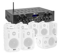 Sistema de Sonido de 4 Zonas con Bluetooth, FM y MP3 - Amplificador 400W + 8 Altavoces Blancos Resistente al Agua IPX5 para Interior y Exterior - Incluye 100m de Cable y Mando a Distancia