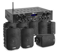 Sistema de Sonido de 4 Zonas con Bluetooth, FM y MP3 - Amplificador 400W + 8 Altavoces Negros Resistente al Agua IPX5 para Interior y Exterior - Incluye 100m de Cable y Mando a Distancia